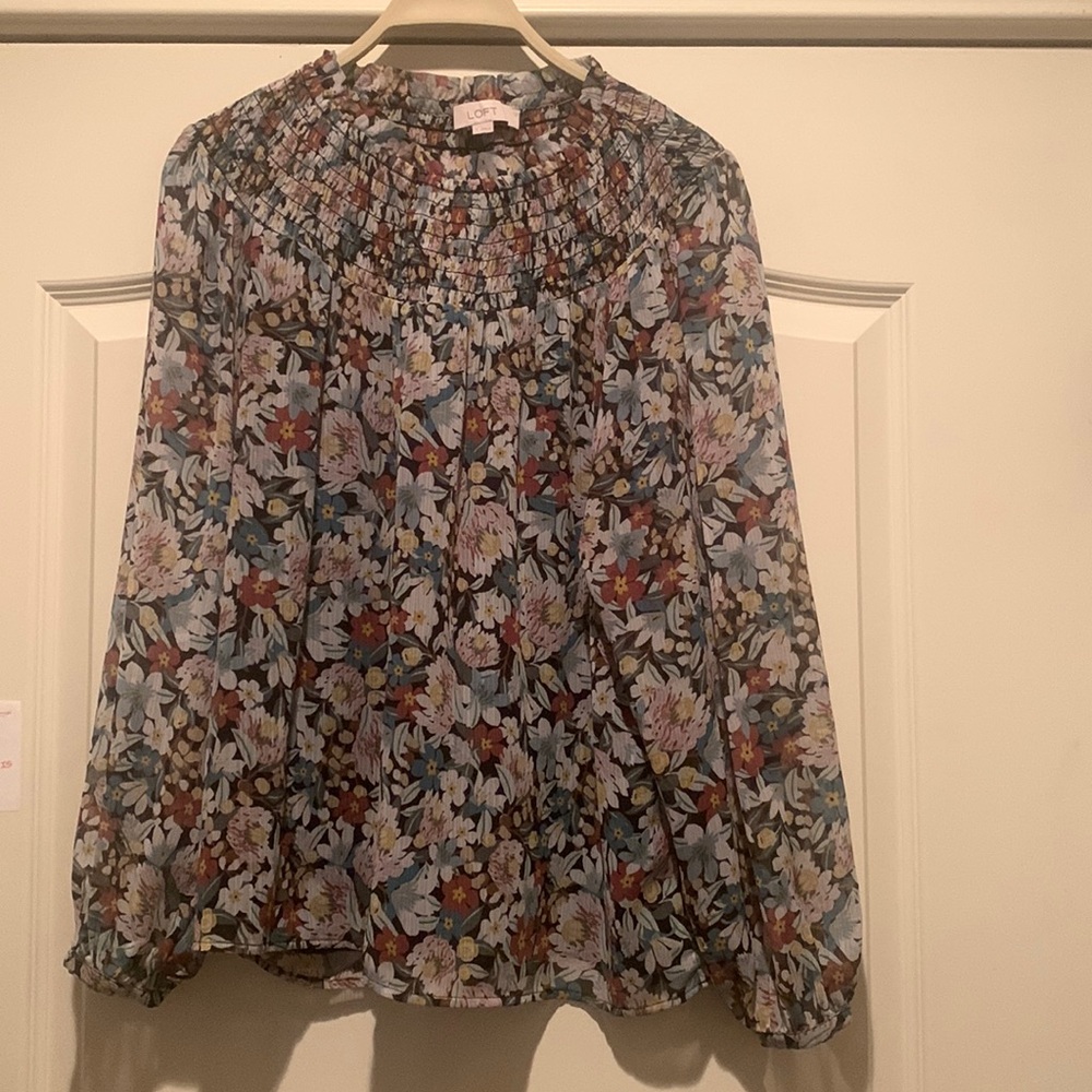 Floral long sleeve Loft blouse with smocked neckline and sheer sleeves